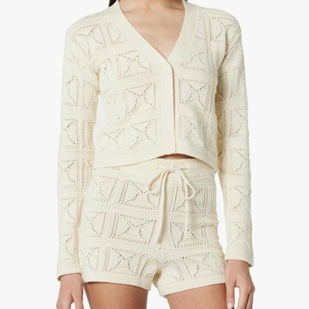 The Drop Lee birch cream colored long sleeve crochet cotton sweater  L